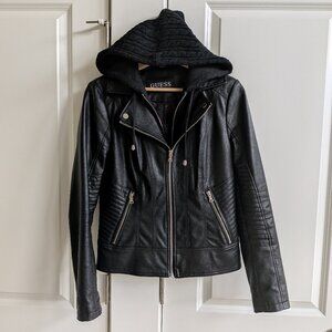 Guess Leather Moto Jacket Women M Black Detachable Knit Hood Quilted Biker Coat